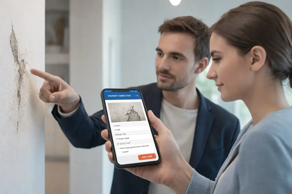 Man and Woman Inspection a property using the RentReady App to record the property condition for handover